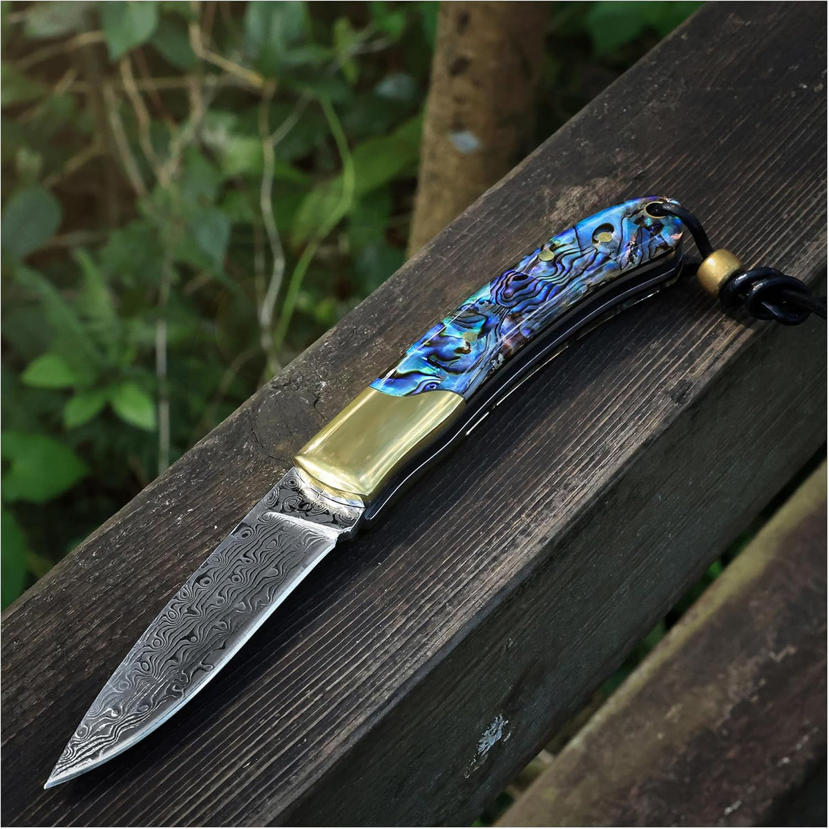 Camp Pearl Folding Knife – Damascus Steel Blade, Abalone Shell Handle, for Campfire Cooking & BBQ, Slip Joint Design