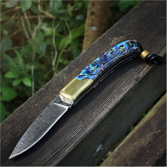 Camp Pearl Folding Knife – Damascus Steel Blade, Abalone Shell Handle, for Campfire Cooking & BBQ, Slip Joint Design