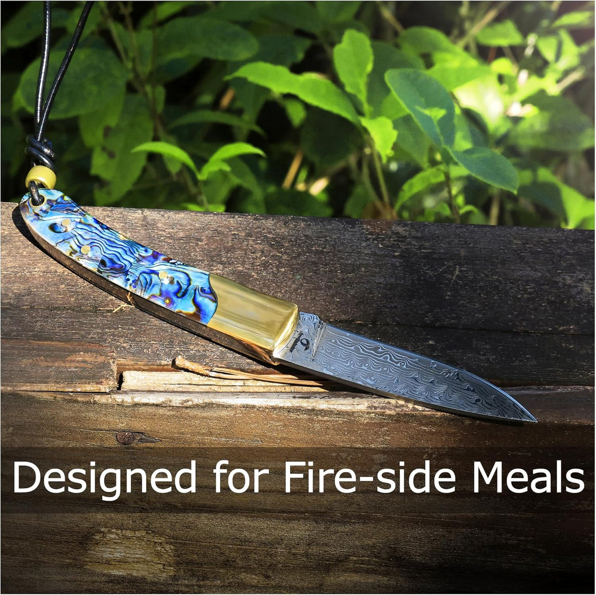 Camp Pearl Folding Knife – Damascus Steel Blade, Abalone Shell Handle, for Campfire Cooking & BBQ, Slip Joint Design
