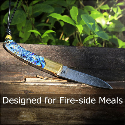 Camp Pearl Folding Knife – Damascus Steel Blade, Abalone Shell Handle, for Campfire Cooking & BBQ, Slip Joint Design