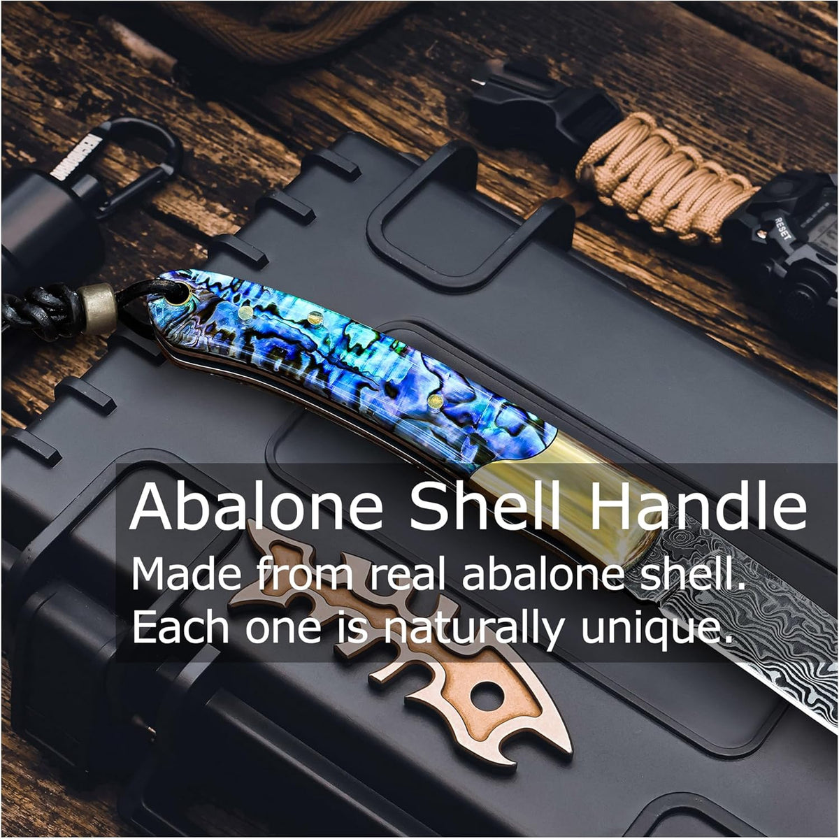 Camp Pearl Folding Knife – Damascus Steel Blade, Abalone Shell Handle, for Campfire Cooking & BBQ, Slip Joint Design
