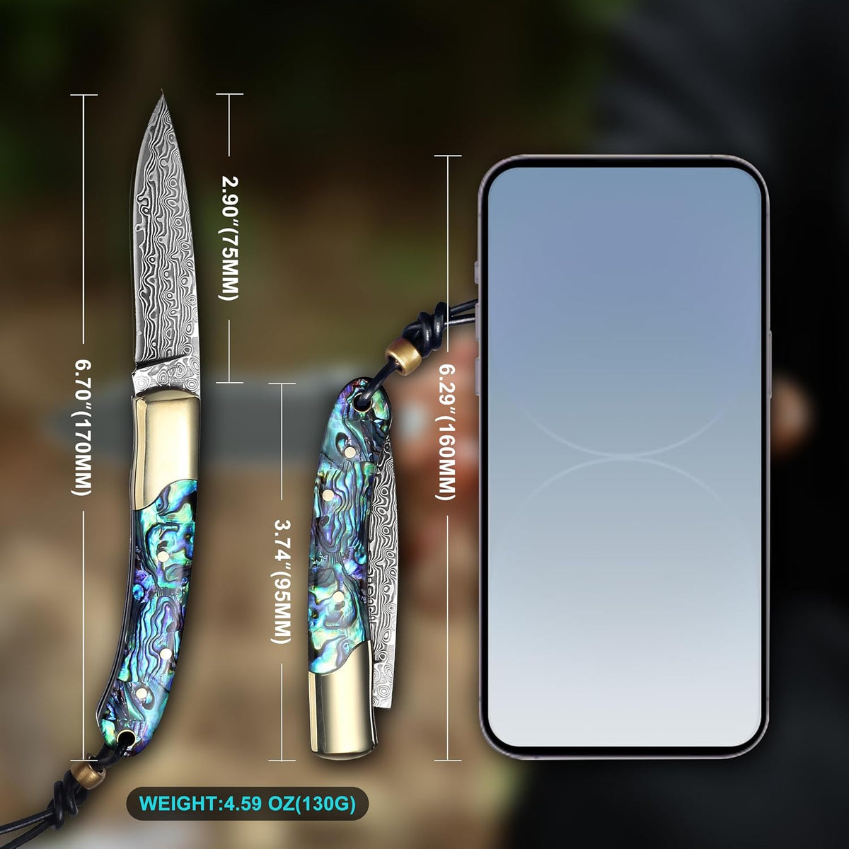 Camp Pearl Folding Knife – Damascus Steel Blade, Abalone Shell Handle, for Campfire Cooking & BBQ, Slip Joint Design