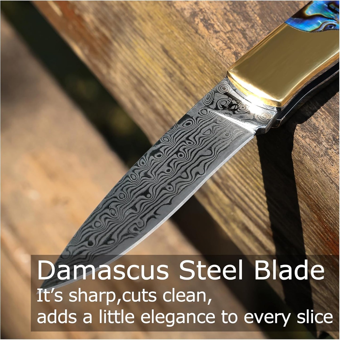 Camp Pearl Folding Knife – Damascus Steel Blade, Abalone Shell Handle, for Campfire Cooking & BBQ, Slip Joint Design