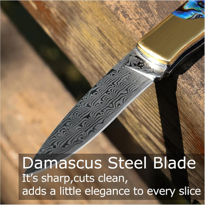 Camp Pearl Folding Knife – Damascus Steel Blade, Abalone Shell Handle, for Campfire Cooking & BBQ, Slip Joint Design
