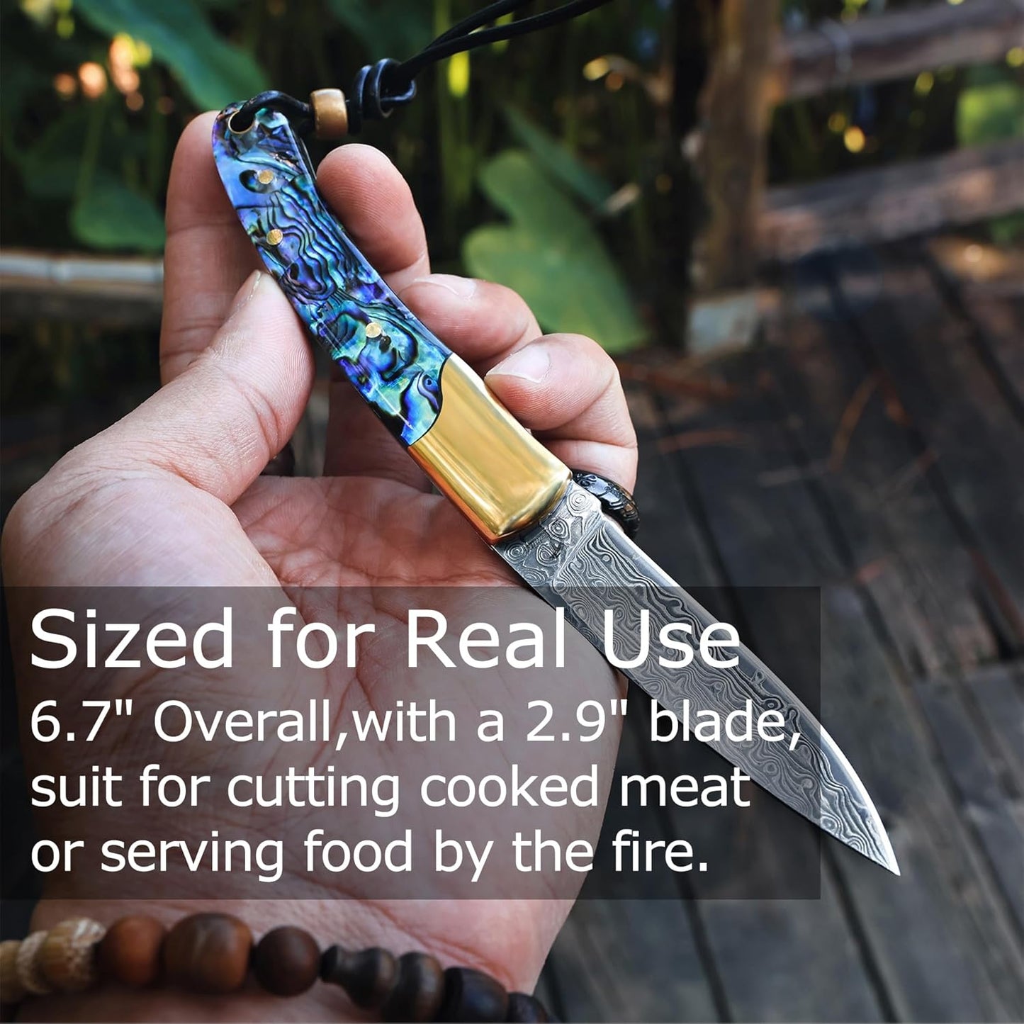 Camp Pearl Folding Knife – Damascus Steel Blade, Abalone Shell Handle, for Campfire Cooking & BBQ, Slip Joint Design