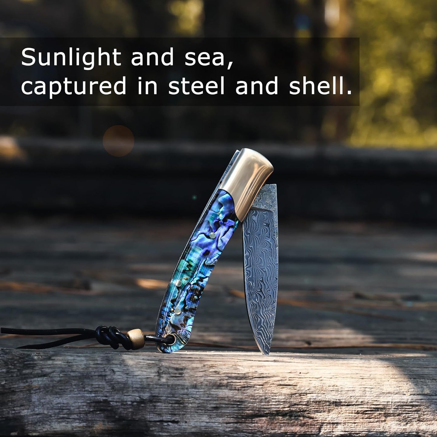 Camp Pearl Folding Knife – Damascus Steel Blade, Abalone Shell Handle, for Campfire Cooking & BBQ, Slip Joint Design