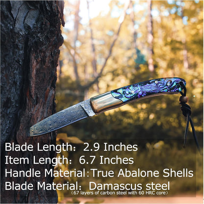 Camp Pearl Folding Knife – Damascus Steel Blade, Abalone Shell Handle, for Campfire Cooking & BBQ, Slip Joint Design
