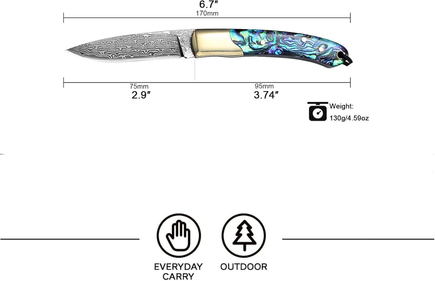 Camp Pearl Folding Knife – Damascus Steel Blade, Abalone Shell Handle, for Campfire Cooking & BBQ, Slip Joint Design