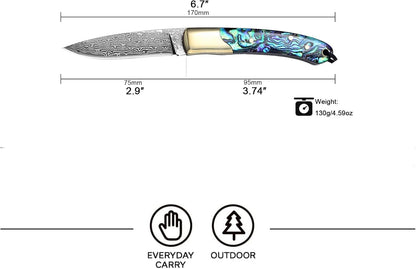 Camp Pearl Folding Knife – Damascus Steel Blade, Abalone Shell Handle, for Campfire Cooking & BBQ, Slip Joint Design