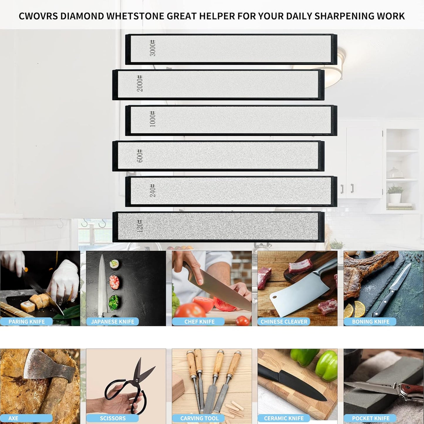 CWOVRS Diamond Sharpening Stones Kit, 6 PCS Diamond Whetstones with ABS Base- 120#, 240#, 600#, 1000#, 2000#, 3000#, 1 Leather Strop, 1 Polishing Paste for Fix-Angled Knife Sharpeners