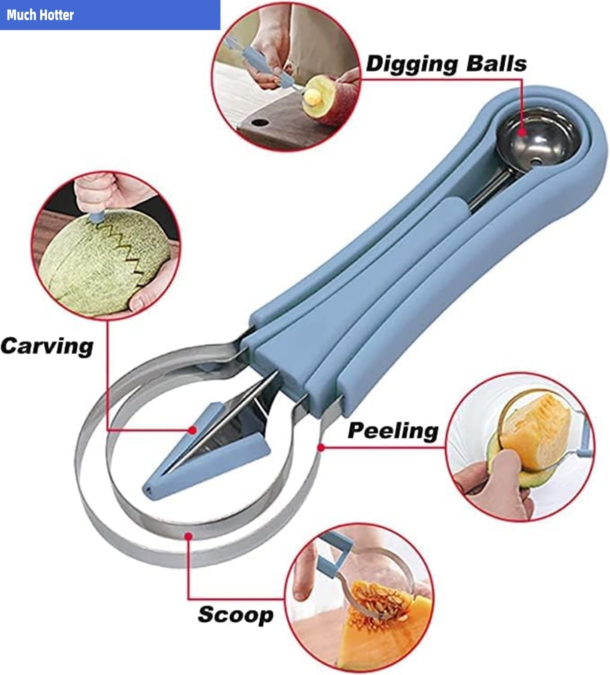 4 In 1 Stainless Steel Fruit Carving Tools Set, Melon Baller Scoop Set,watermelon scooper fruit scooper and baller, fruit carving tools,Perfect Tools for Making Fruit Shapes (Blue)