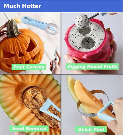 4 In 1 Stainless Steel Fruit Carving Tools Set, Melon Baller Scoop Set,watermelon scooper fruit scooper and baller, fruit carving tools,Perfect Tools for Making Fruit Shapes (Blue)