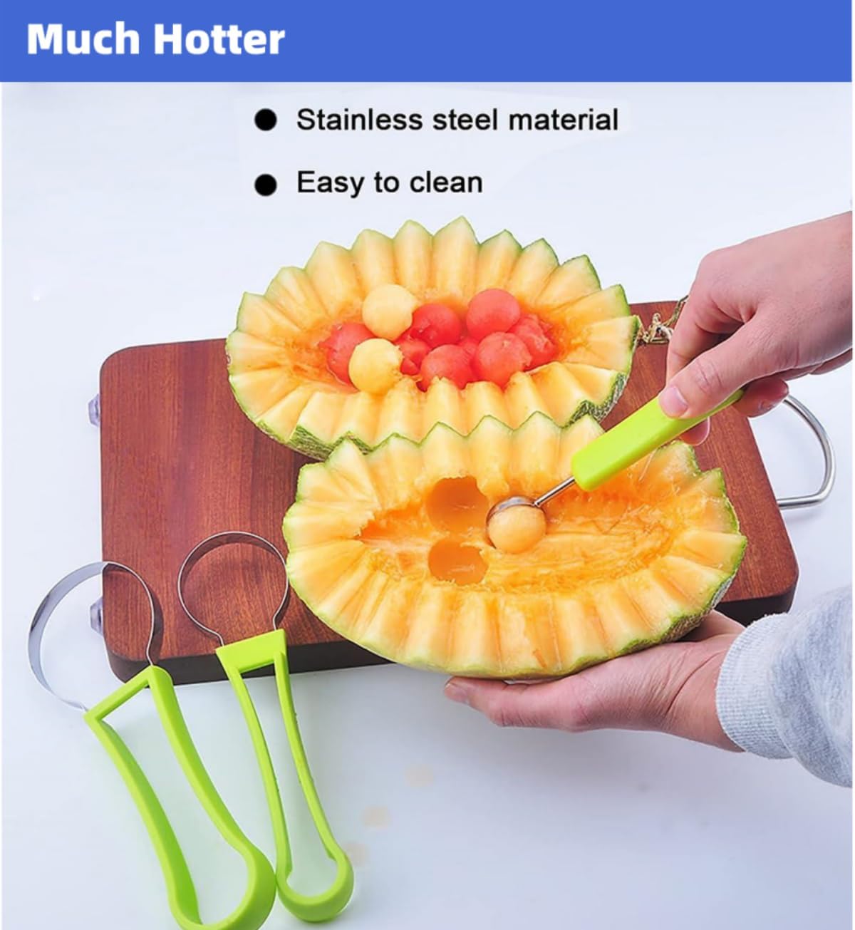 4 In 1 Stainless Steel Fruit Carving Tools Set, Melon Baller Scoop Set,watermelon scooper fruit scooper and baller, fruit carving tools,Perfect Tools for Making Fruit Shapes (Blue)