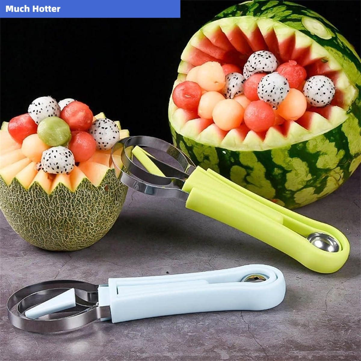 4 In 1 Stainless Steel Fruit Carving Tools Set, Melon Baller Scoop Set,watermelon scooper fruit scooper and baller, fruit carving tools,Perfect Tools for Making Fruit Shapes (Blue)