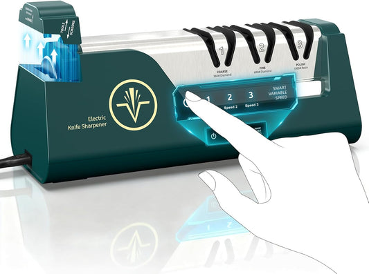 Professional Electric Knife Sharpener | 3-Speed Variable 4-Stage, Open Touch-Screen, 100% Diamond Abrasives, Precision Angle Guides