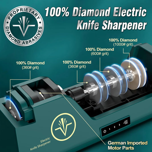 Professional Electric Knife Sharpener | 3-Speed Variable 4-Stage, Open Touch-Screen, 100% Diamond Abrasives, Precision Angle Guides