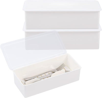 3Pcs Flatware Tray with Lid and Drainer, Large Plastic Silverware Utensil Kitchen Drawer Organizer Clear Cutlery Storage Container with Cover Dinnerware Spoon Knife Holder for Home and Travel