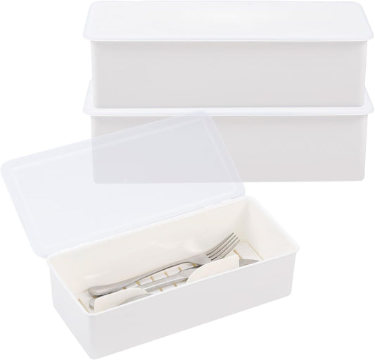 3Pcs Flatware Tray with Lid and Drainer, Large Plastic Silverware Utensil Kitchen Drawer Organizer Clear Cutlery Storage Container with Cover Dinnerware Spoon Knife Holder for Home and Travel