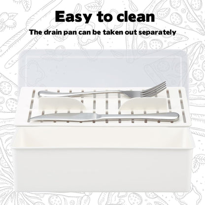 3Pcs Flatware Tray with Lid and Drainer, Large Plastic Silverware Utensil Kitchen Drawer Organizer Clear Cutlery Storage Container with Cover Dinnerware Spoon Knife Holder for Home and Travel