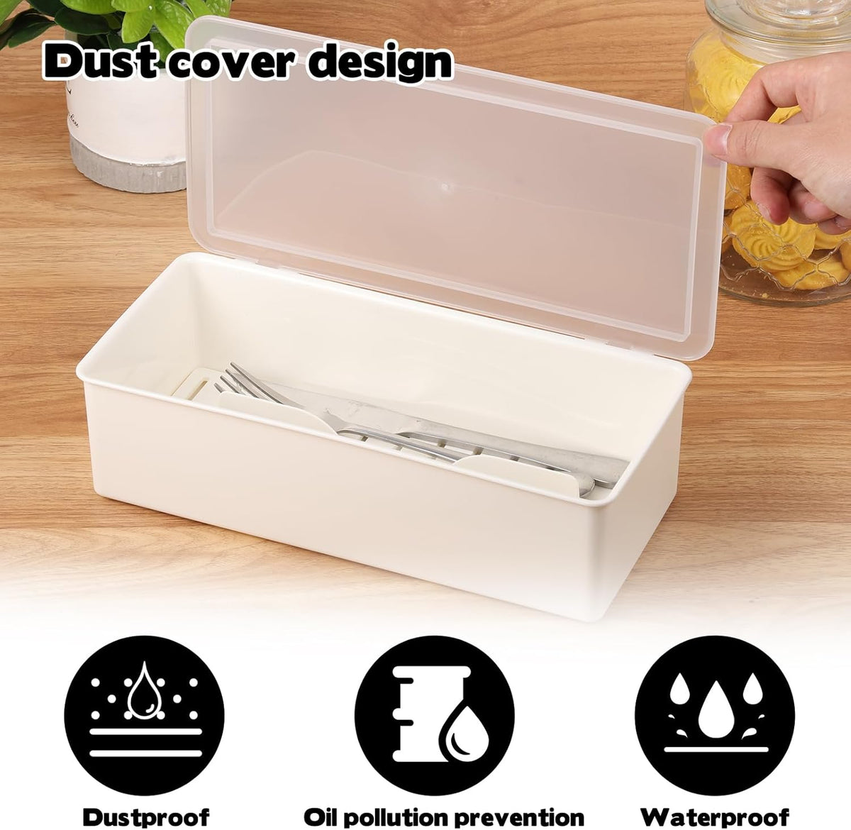 3Pcs Flatware Tray with Lid and Drainer, Large Plastic Silverware Utensil Kitchen Drawer Organizer Clear Cutlery Storage Container with Cover Dinnerware Spoon Knife Holder for Home and Travel
