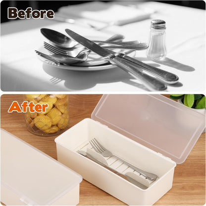 3Pcs Flatware Tray with Lid and Drainer, Large Plastic Silverware Utensil Kitchen Drawer Organizer Clear Cutlery Storage Container with Cover Dinnerware Spoon Knife Holder for Home and Travel