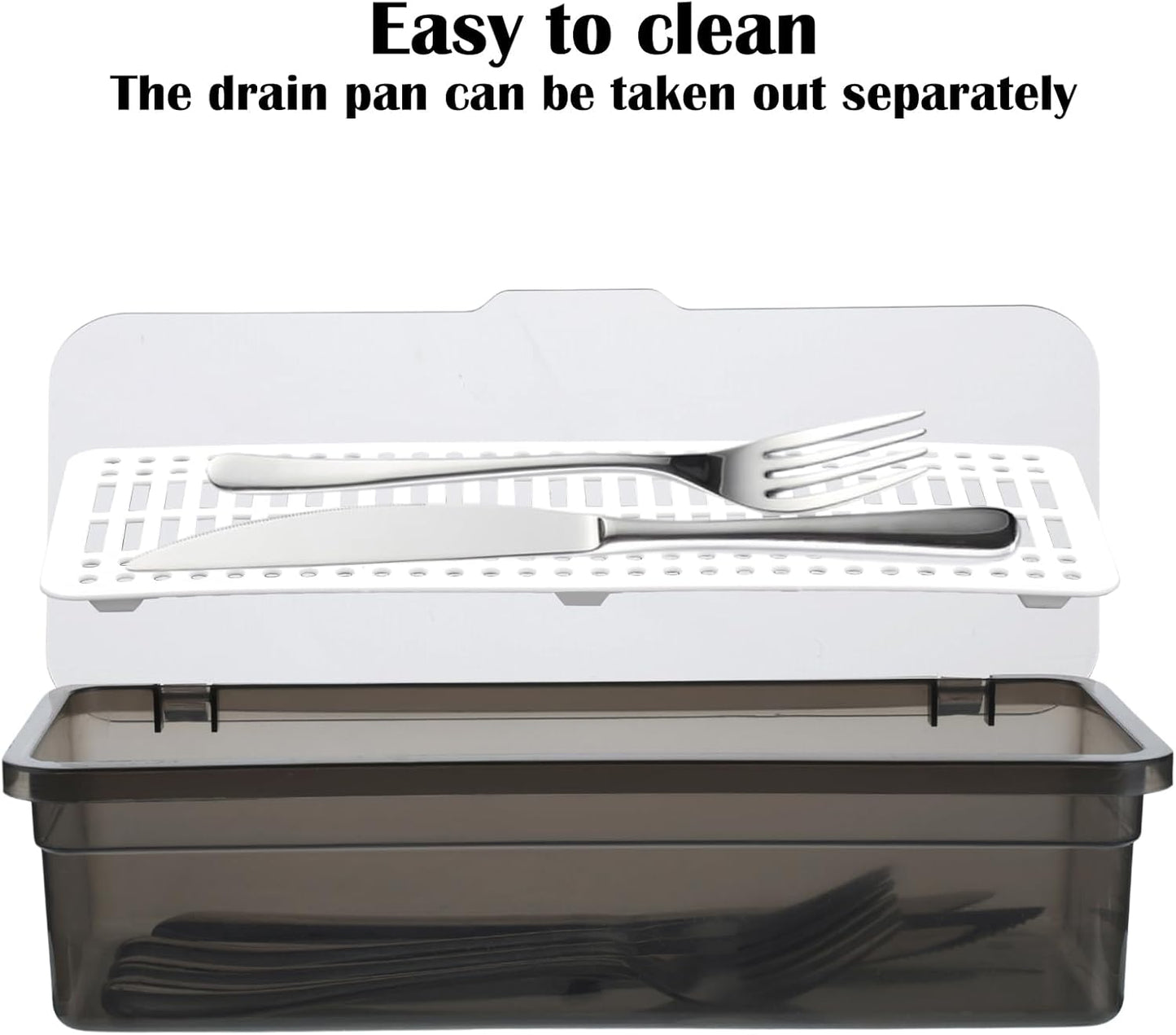 3Pcs Flatware Tray with Lid and Drainer, Large Plastic Silverware Utensil Kitchen Drawer Organizer Clear Cutlery Storage Container with Cover Dinnerware Spoon Knife Holder for Home and Travel
