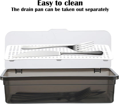 3Pcs Flatware Tray with Lid and Drainer, Large Plastic Silverware Utensil Kitchen Drawer Organizer Clear Cutlery Storage Container with Cover Dinnerware Spoon Knife Holder for Home and Travel