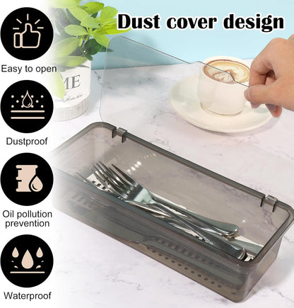 3Pcs Flatware Tray with Lid and Drainer, Large Plastic Silverware Utensil Kitchen Drawer Organizer Clear Cutlery Storage Container with Cover Dinnerware Spoon Knife Holder for Home and Travel