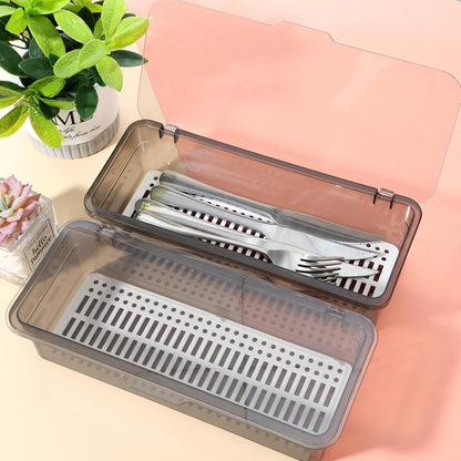 3Pcs Flatware Tray with Lid and Drainer, Large Plastic Silverware Utensil Kitchen Drawer Organizer Clear Cutlery Storage Container with Cover Dinnerware Spoon Knife Holder for Home and Travel