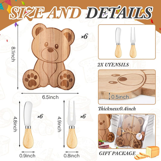 6 Set Baby Shower Prizes Bear Shaped Cheese Board with Cheese Knives and Forks Baby Shower Party Favors Gift Box for Wedding Bridal Birthday Gender Reveal Favor (Acacia Color)