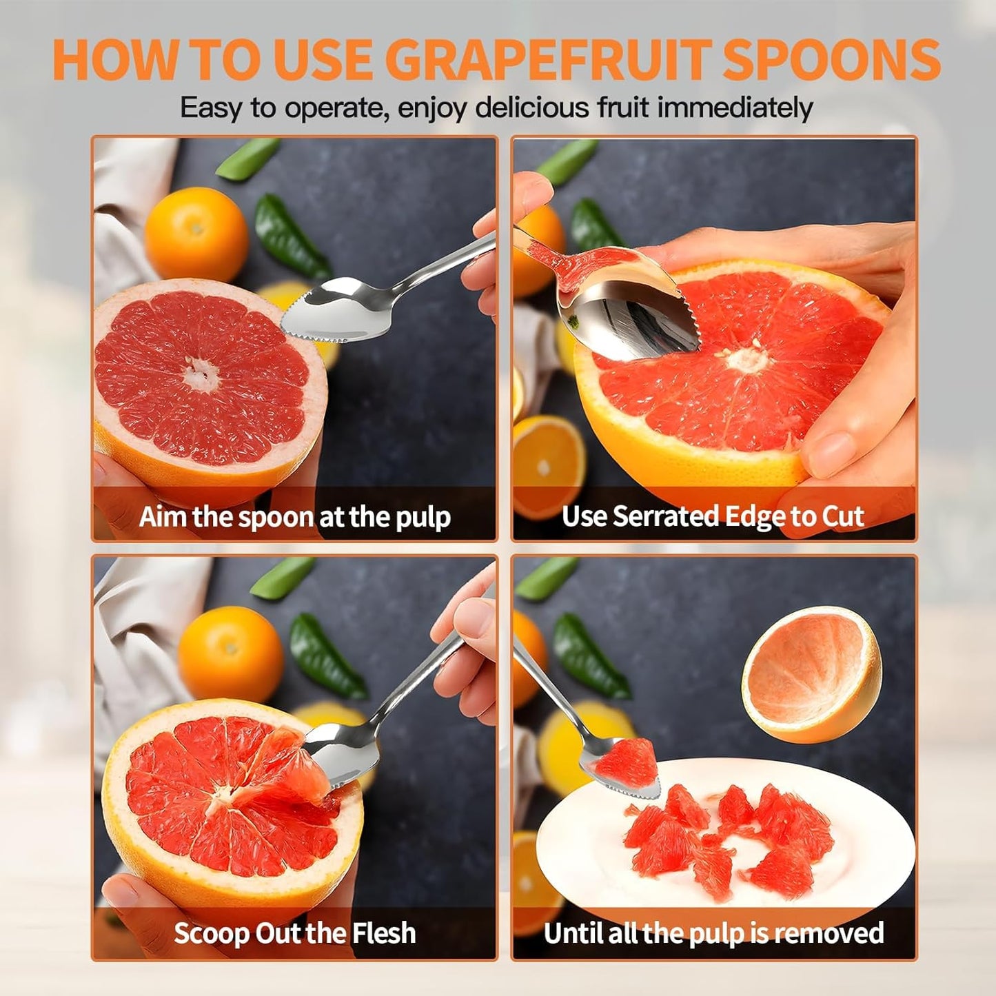 Grapefruit Spoon & Knife Set,Stainless Steel Grapefruit Spoon Utensil With Serrated Edge,Silver Kitchen Tool,Multi-Use for Citrus, Kiwi,Dessert, Avocado & More (6 PCS)