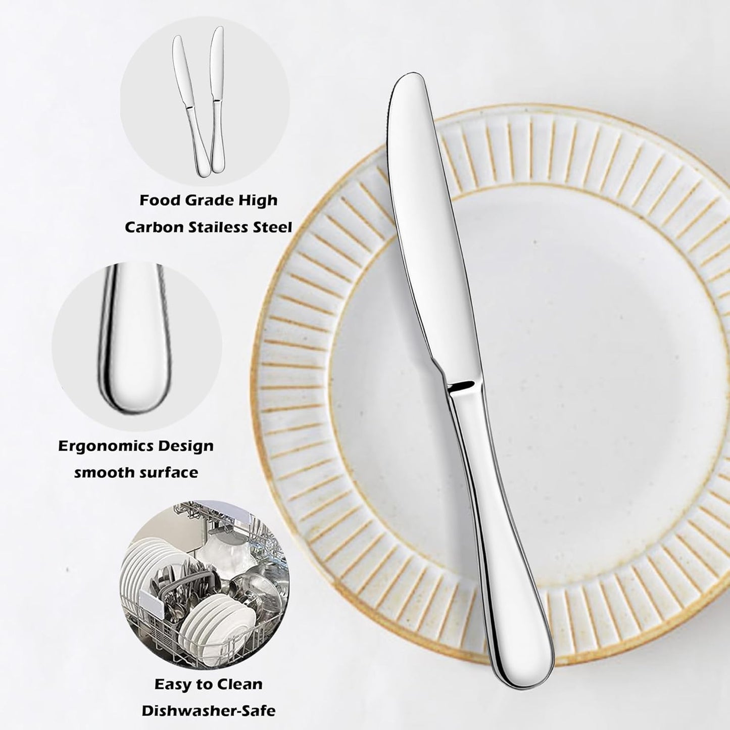 Dinner Knives Set, Stainless Steel Table Knife, Butter Spreder, 2/4/6 Pieces Mirror Polished Dinner Knife, Sturdy and Dishwasher Safe, Silverware Cutlery (6 Pcs)
