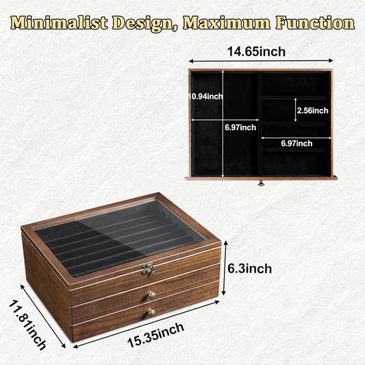 Large Knife Display Case, 3-Tier Pocket Knife Organizer and Storage Box with Transparent Lid & Drawer, for Folding Knife and Dagger Collections, Ideal Men's Gift(Walnut)