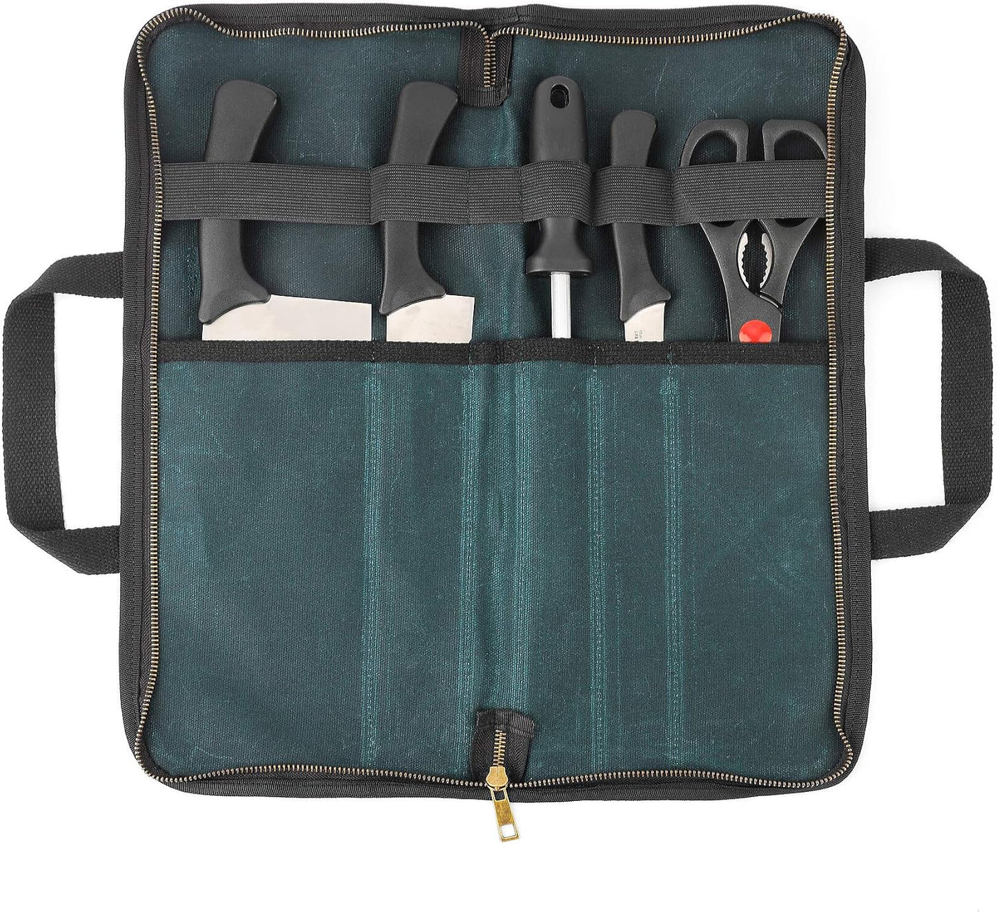 Chef's Travel Knife Case, Portable Knife Roll Bag For Men And Women, Waterproof Waxed Canvas, Strong Zipper, 5 Slots (Dark Green)