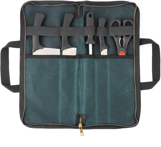 Chef's Travel Knife Case, Portable Knife Roll Bag For Men And Women, Waterproof Waxed Canvas, Strong Zipper, 5 Slots (Dark Green)