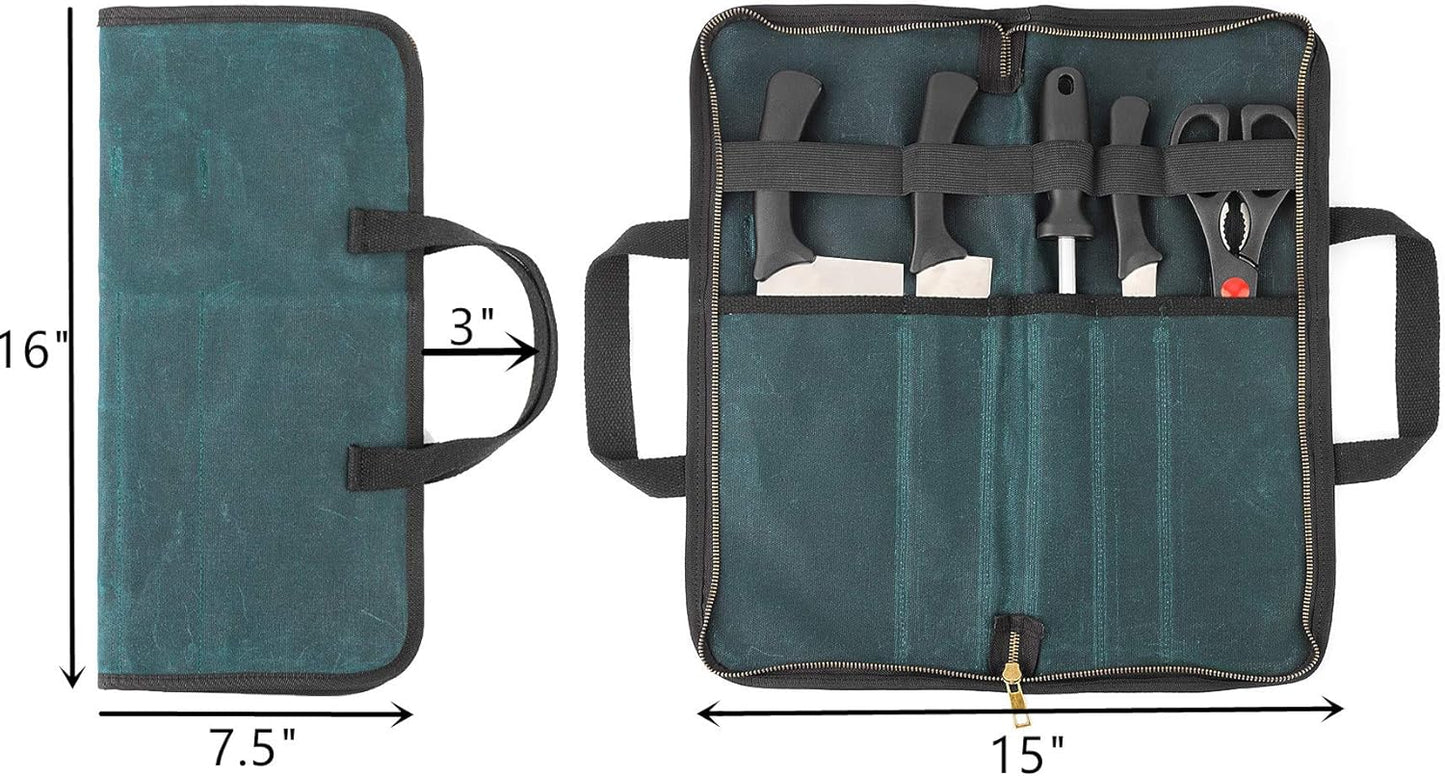 Chef's Travel Knife Case, Portable Knife Roll Bag For Men And Women, Waterproof Waxed Canvas, Strong Zipper, 5 Slots (Dark Green)