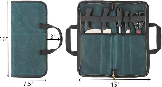 Chef's Travel Knife Case, Portable Knife Roll Bag For Men And Women, Waterproof Waxed Canvas, Strong Zipper, 5 Slots (Dark Green)