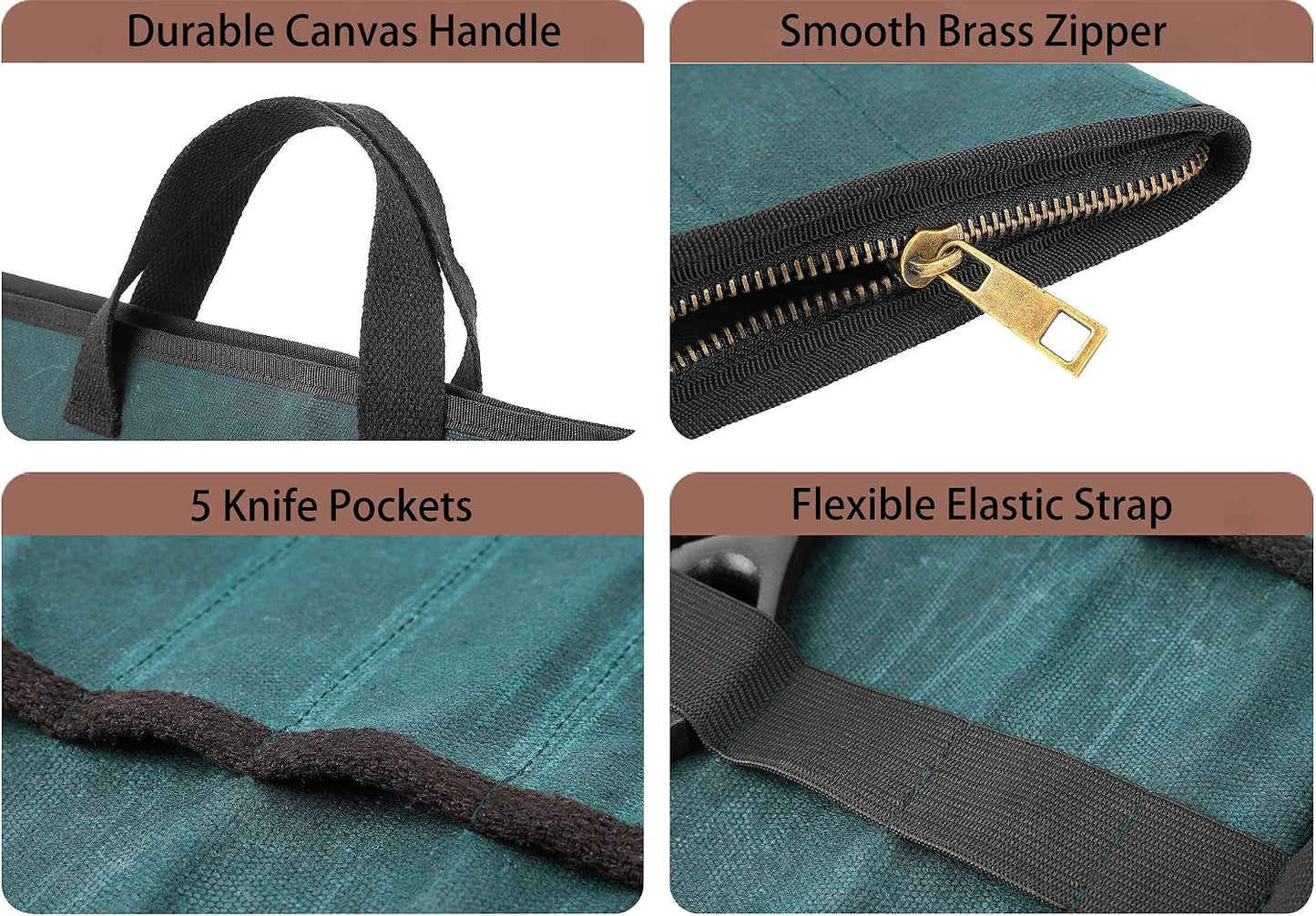 Chef's Travel Knife Case, Portable Knife Roll Bag For Men And Women, Waterproof Waxed Canvas, Strong Zipper, 5 Slots (Dark Green)