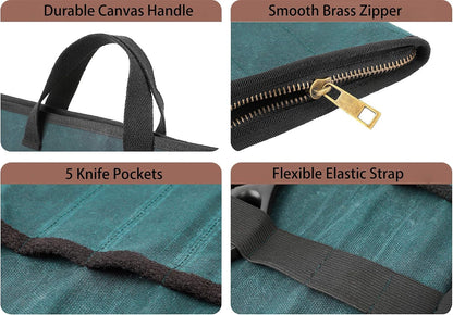 Chef's Travel Knife Case, Portable Knife Roll Bag For Men And Women, Waterproof Waxed Canvas, Strong Zipper, 5 Slots (Dark Green)