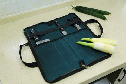 Chef's Travel Knife Case, Portable Knife Roll Bag For Men And Women, Waterproof Waxed Canvas, Strong Zipper, 5 Slots (Dark Green)
