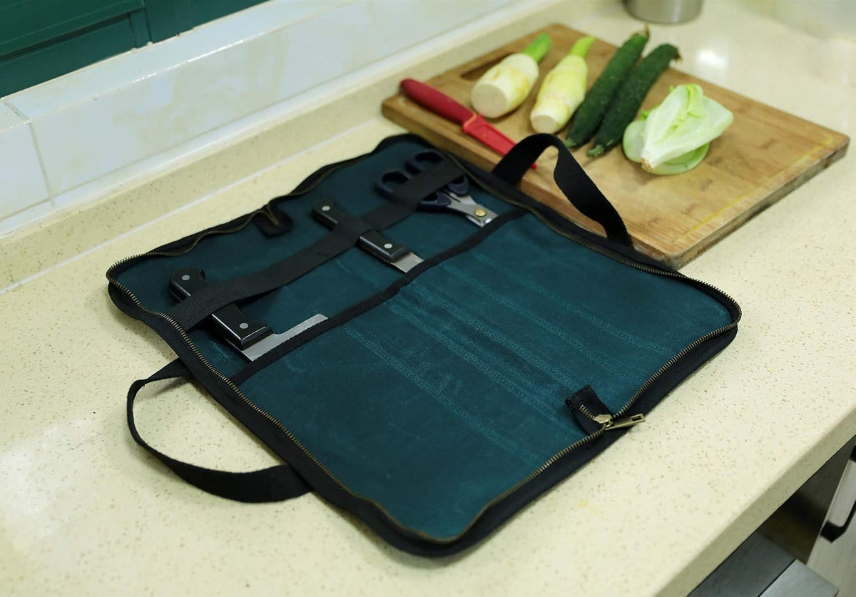 Chef's Travel Knife Case, Portable Knife Roll Bag For Men And Women, Waterproof Waxed Canvas, Strong Zipper, 5 Slots (Dark Green)