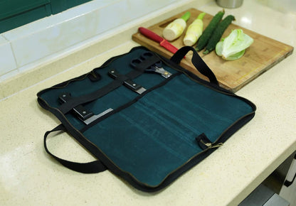 Chef's Travel Knife Case, Portable Knife Roll Bag For Men And Women, Waterproof Waxed Canvas, Strong Zipper, 5 Slots (Dark Green)