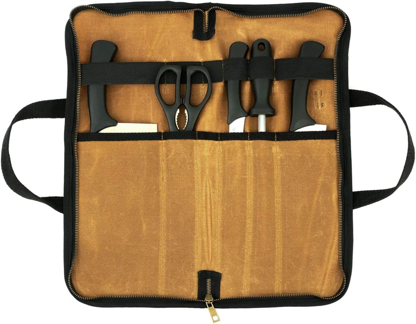Chef's Travel Knife Case, Portable Knife Roll Bag For Men And Women, Waterproof Waxed Canvas, Strong Zipper, 5 Slots (Dark Green)