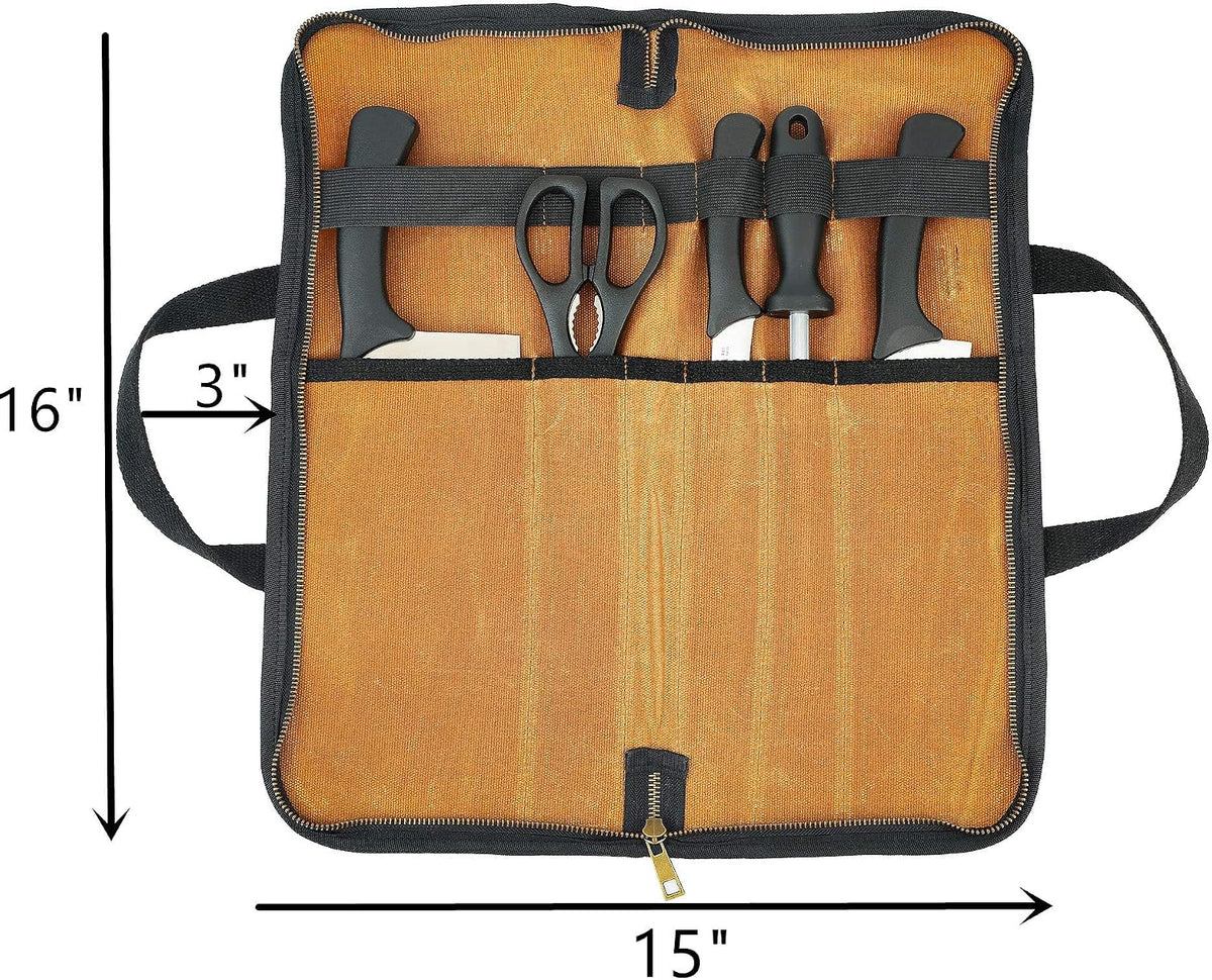 Chef's Travel Knife Case, Portable Knife Roll Bag For Men And Women, Waterproof Waxed Canvas, Strong Zipper, 5 Slots (Dark Green)