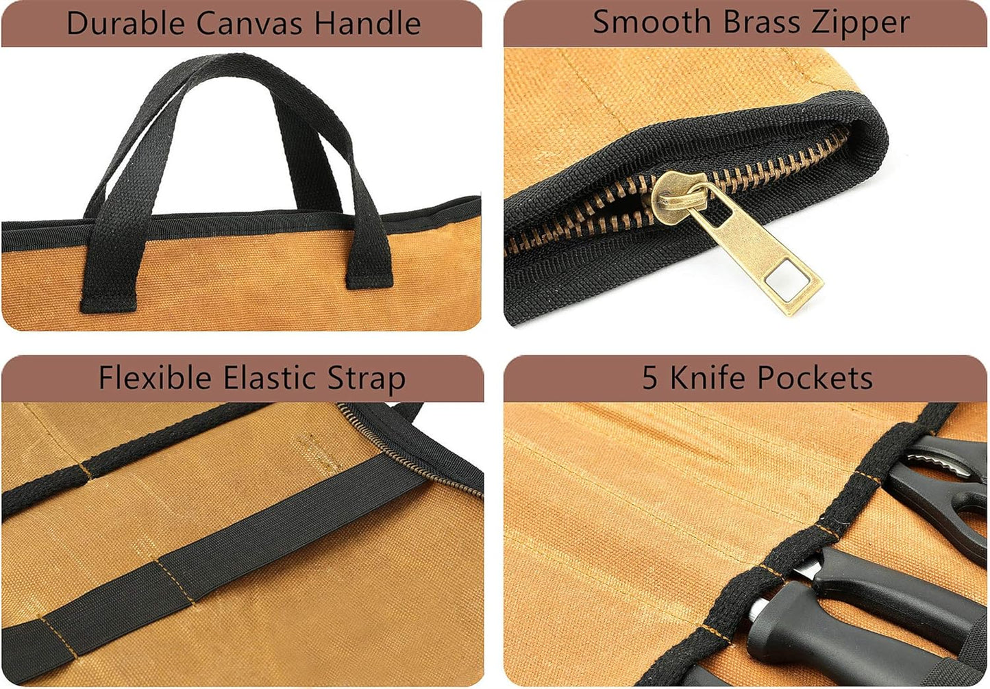 Chef's Travel Knife Case, Portable Knife Roll Bag For Men And Women, Waterproof Waxed Canvas, Strong Zipper, 5 Slots (Dark Green)