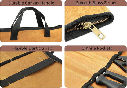 Chef's Travel Knife Case, Portable Knife Roll Bag For Men And Women, Waterproof Waxed Canvas, Strong Zipper, 5 Slots (Dark Green)