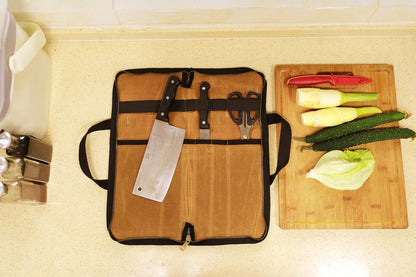 Chef's Travel Knife Case, Portable Knife Roll Bag For Men And Women, Waterproof Waxed Canvas, Strong Zipper, 5 Slots (Dark Green)