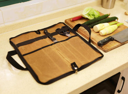 Chef's Travel Knife Case, Portable Knife Roll Bag For Men And Women, Waterproof Waxed Canvas, Strong Zipper, 5 Slots (Dark Green)