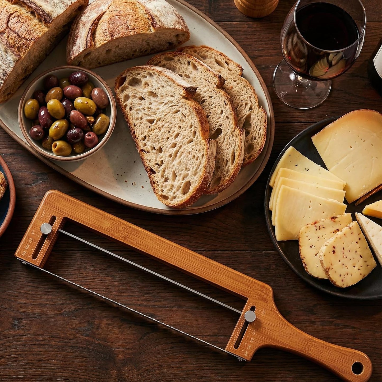 Ideal Swan Cookie Adjustable Bread Knife, Sourdough Wooden Bread Knife | Upgraded bread slicer for homemade & sourdough, thickness guide, bread cutter with stainless steel serrated blade baguettes
