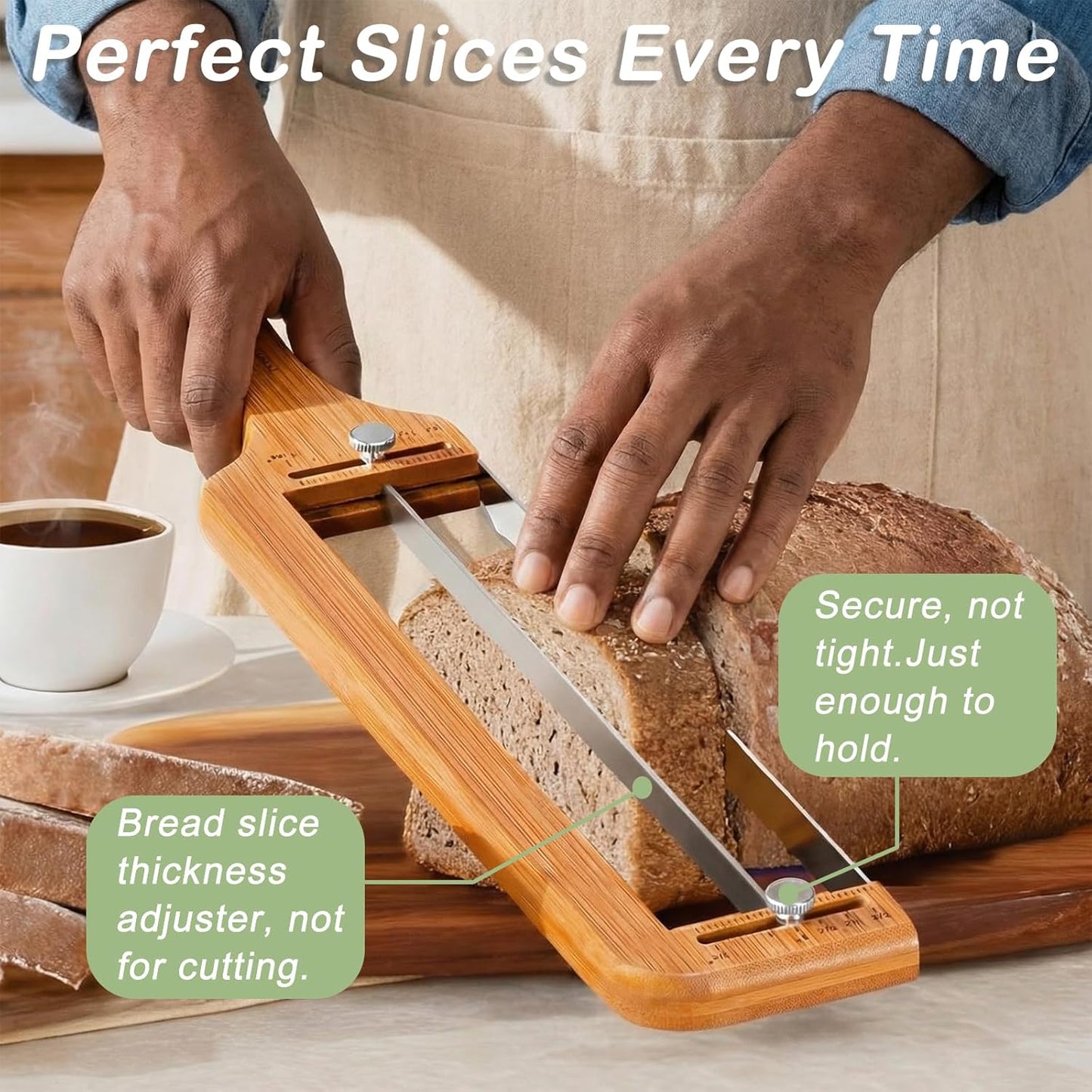 Ideal Swan Cookie Adjustable Bread Knife, Sourdough Wooden Bread Knife | Upgraded bread slicer for homemade & sourdough, thickness guide, bread cutter with stainless steel serrated blade baguettes